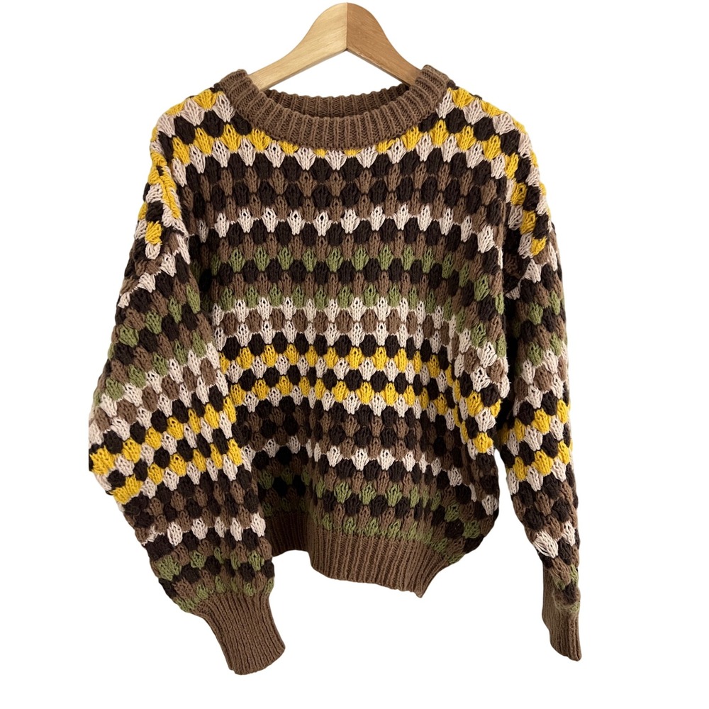 Blu Pepper Crochet Knit Sweater Womens Large Brown Multi Color Boho